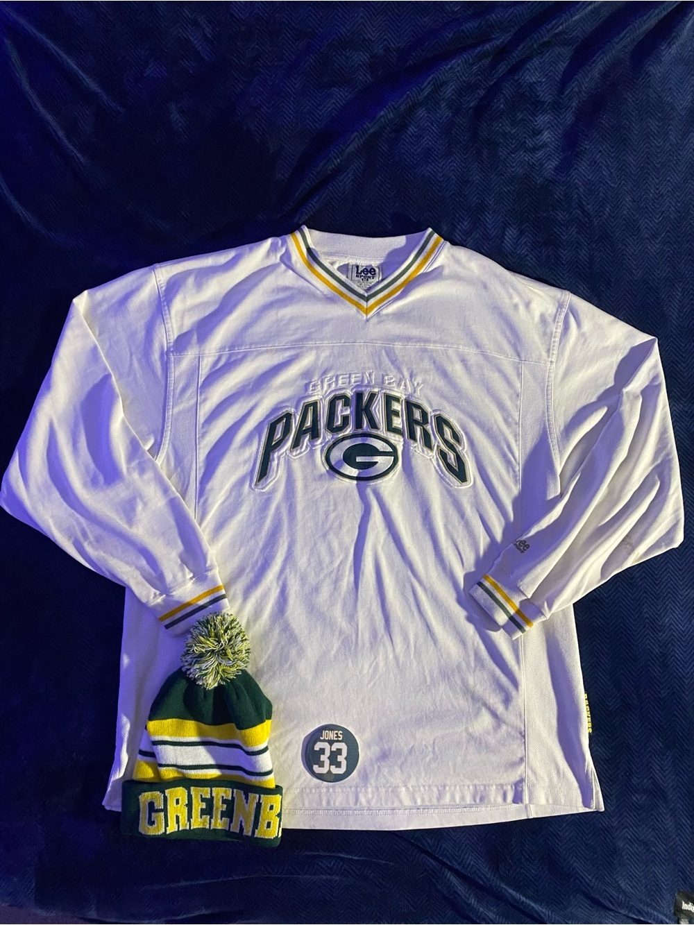 Lee White V-Neck Packers Pullover with Green & Yellow Accents